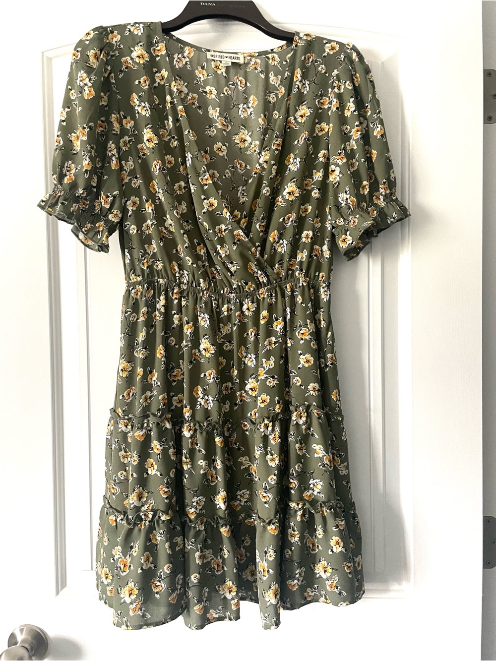 Olive Green Floral Tiered Faux Wrap Dress